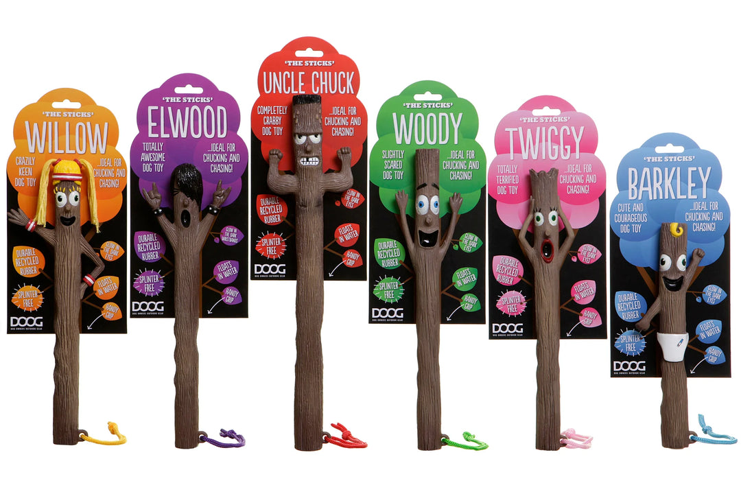 Group image of the DOOG Stick Family toys including Willow, showing natural rubber designs and rope handles, supplied by Paw Branch.