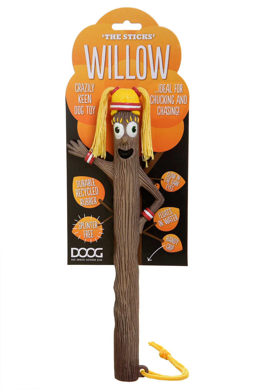 Front packaged view of the DOOG Willow natural rubber fetch toy with glow in the dark eyes, supplied by Paw Branch.