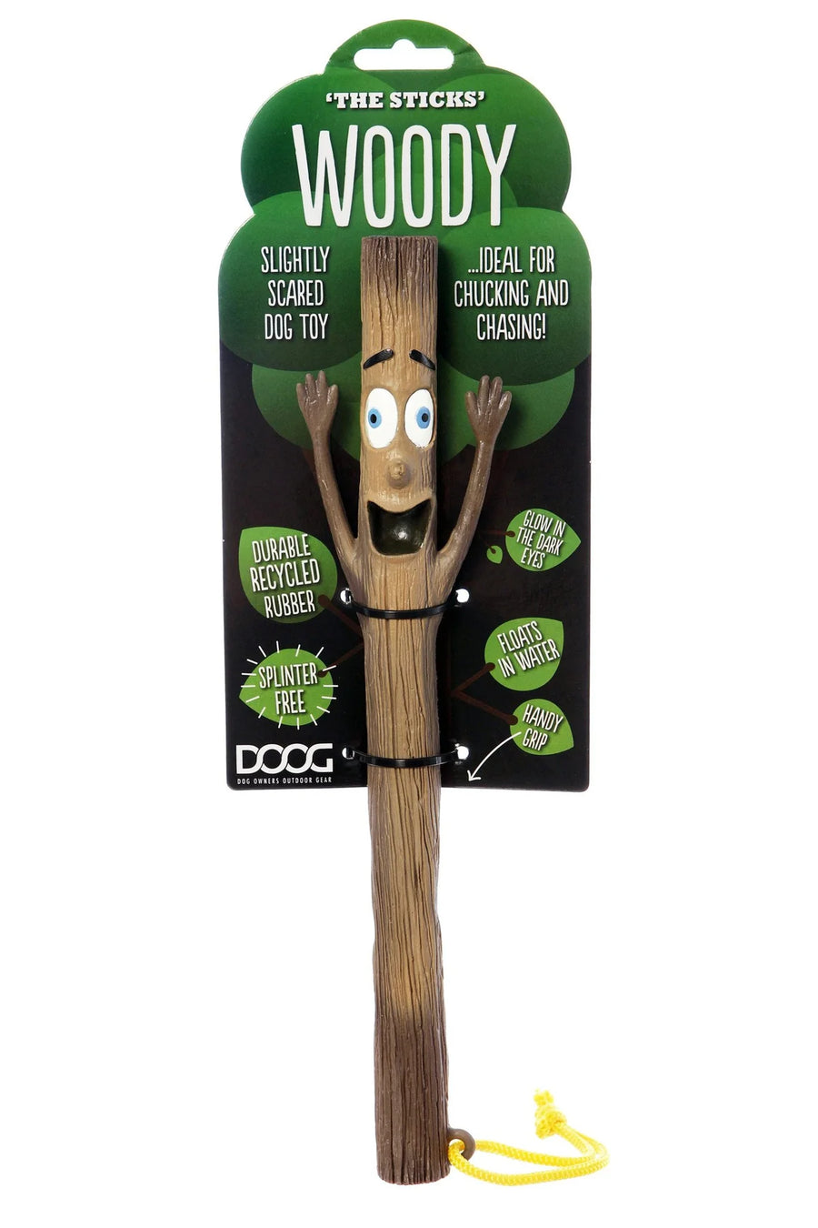 Front packaged view of the DOOG Woody natural rubber fetch toy with glow in the dark eyes, supplied by Paw Branch.