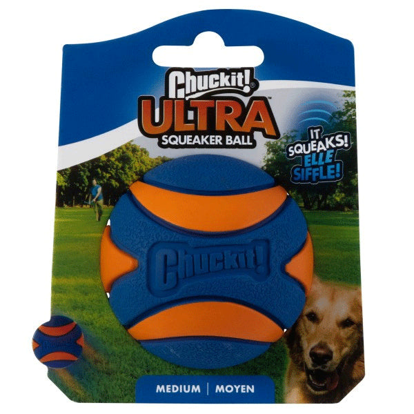 A medium size chuckit! ULTRA Squeaker ball on a white background