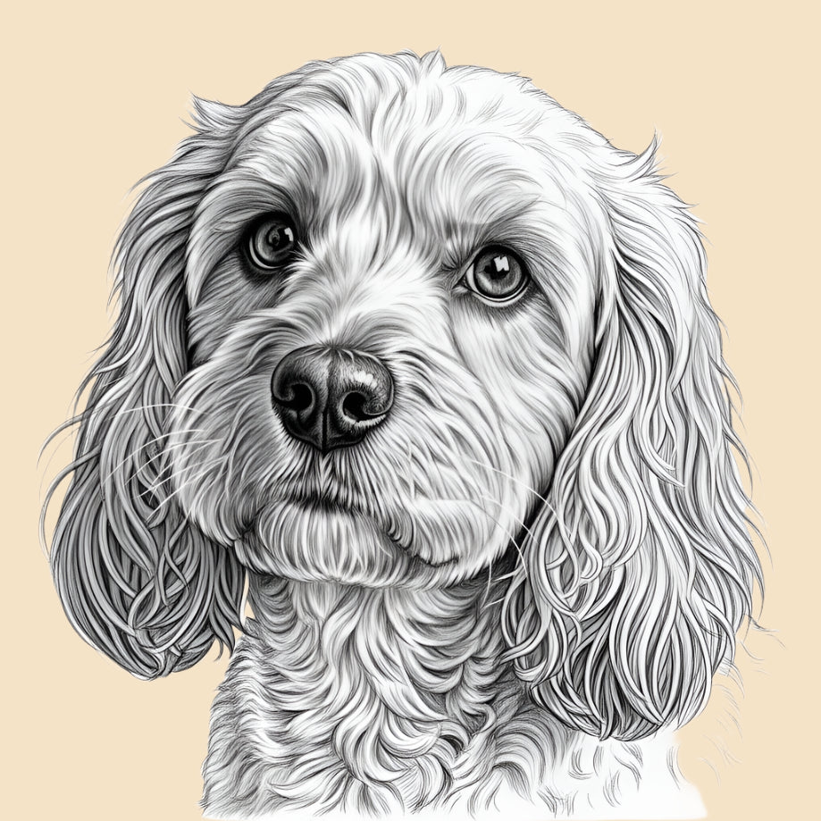 Sketch of a Cockapoo, medium dog breed featured in The Puggly Club eco friendly birthday boxes