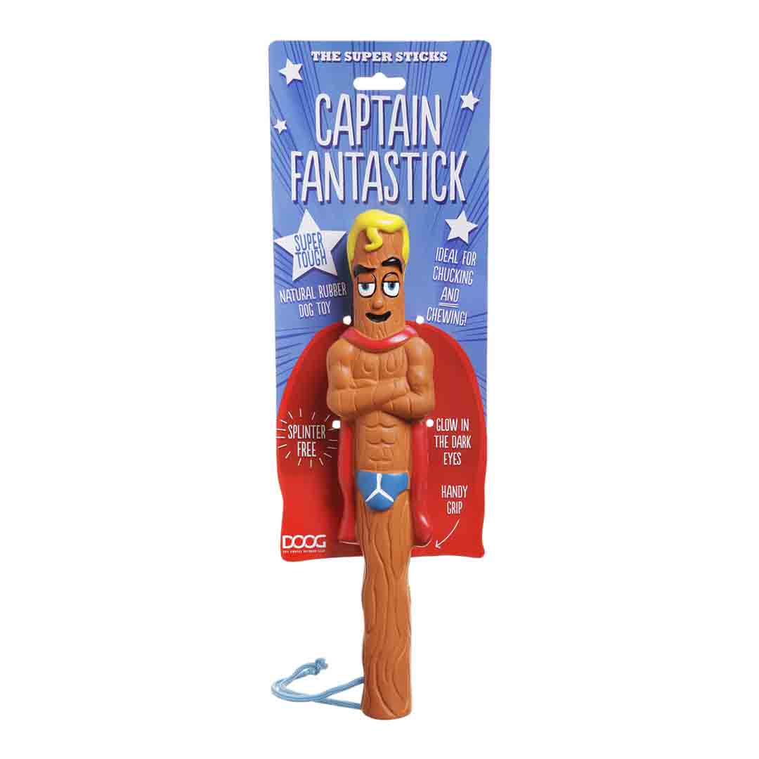 Captain Fantastic stick toy with packaging on a white background
