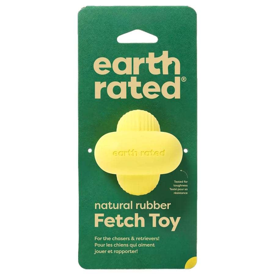 Yellow Earth Rated Fetch Ball large made from natural rubber with bubble knot shape, eco friendly interactive dog toy for fetch play