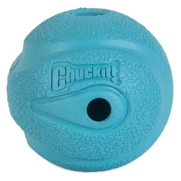 Blue rubber ball with a central hole and 'Chuckit!' branding on a white background