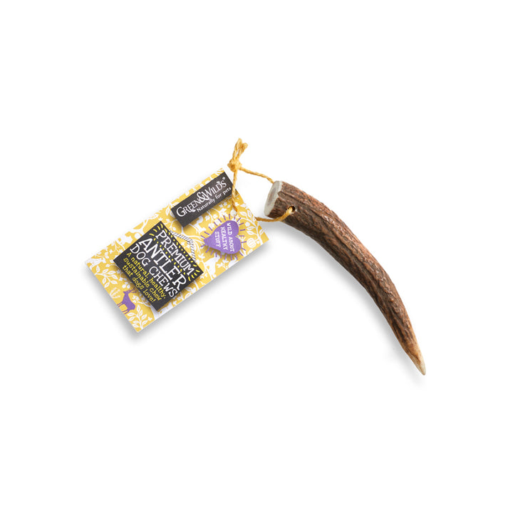 Dried deer antler with a yellow package labeled 'GreenWoods Premium Antler Dog Chews' on a white background