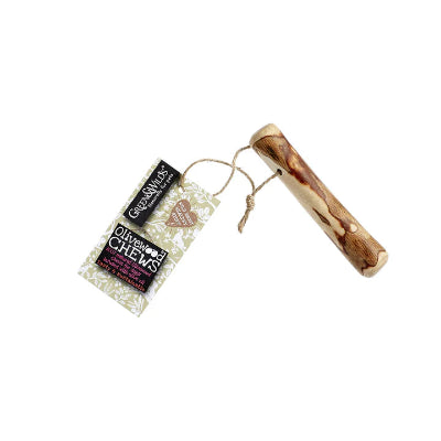 small olivewood Dog chew treat with packaging on a white background