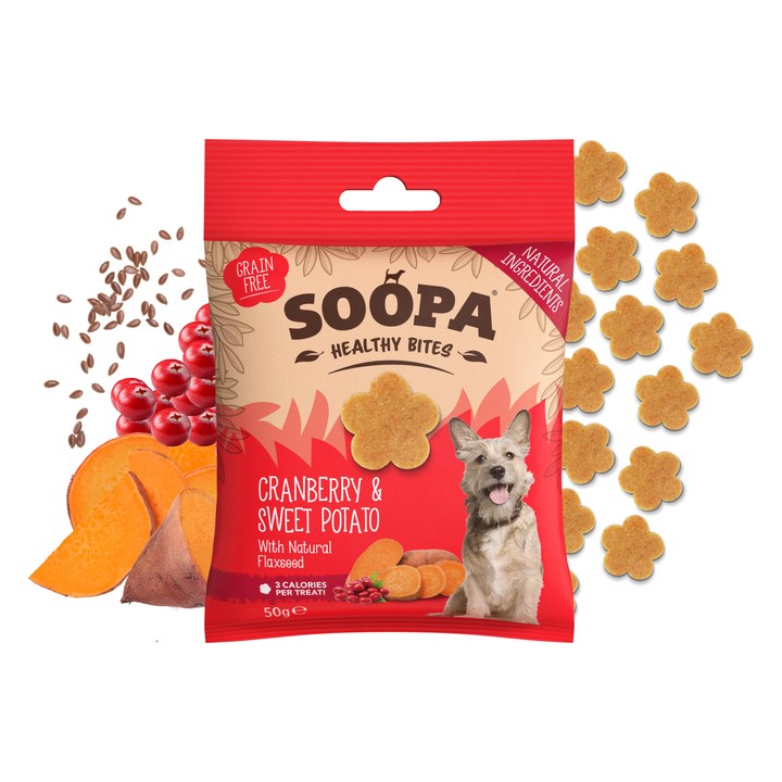Red package of SOOPA Healthy Bites dog treats with cranberry, sweet potato, and a dog on a white background