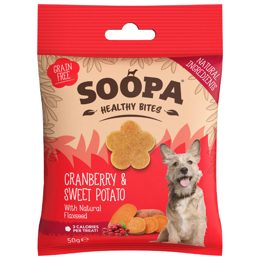 Package of Soopa Healthy Bites dog treats with a red background and a dog on it.