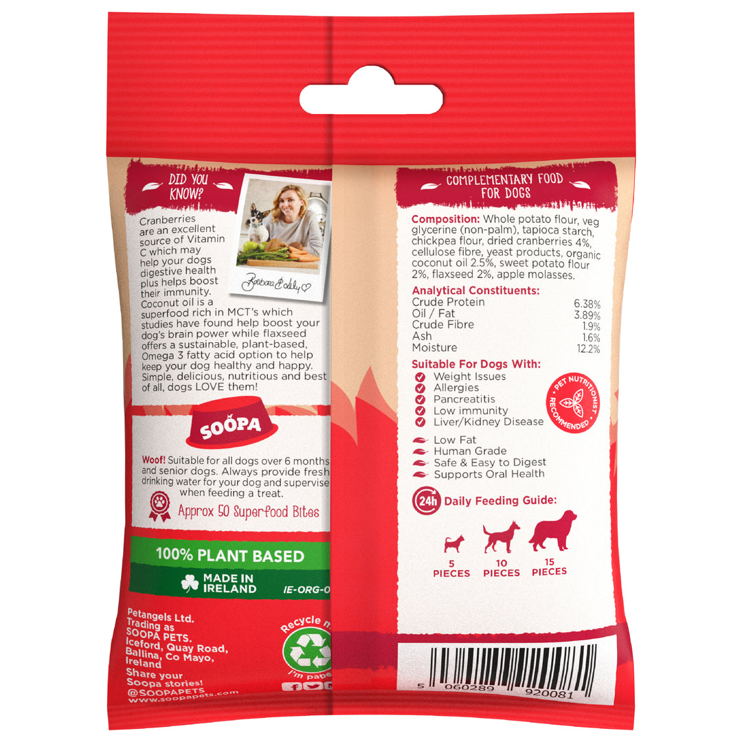 Dog food package with red and beige design, featuring text and images on a white background.