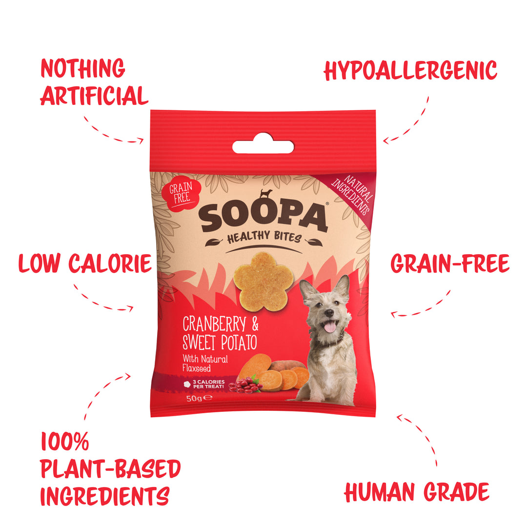Red package of Soopa Healthy Bites dog treats with text highlighting features on a white background