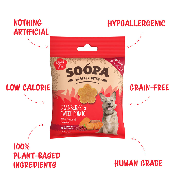 Red package of Soopa Healthy Bites dog treats with text highlighting features on a white background